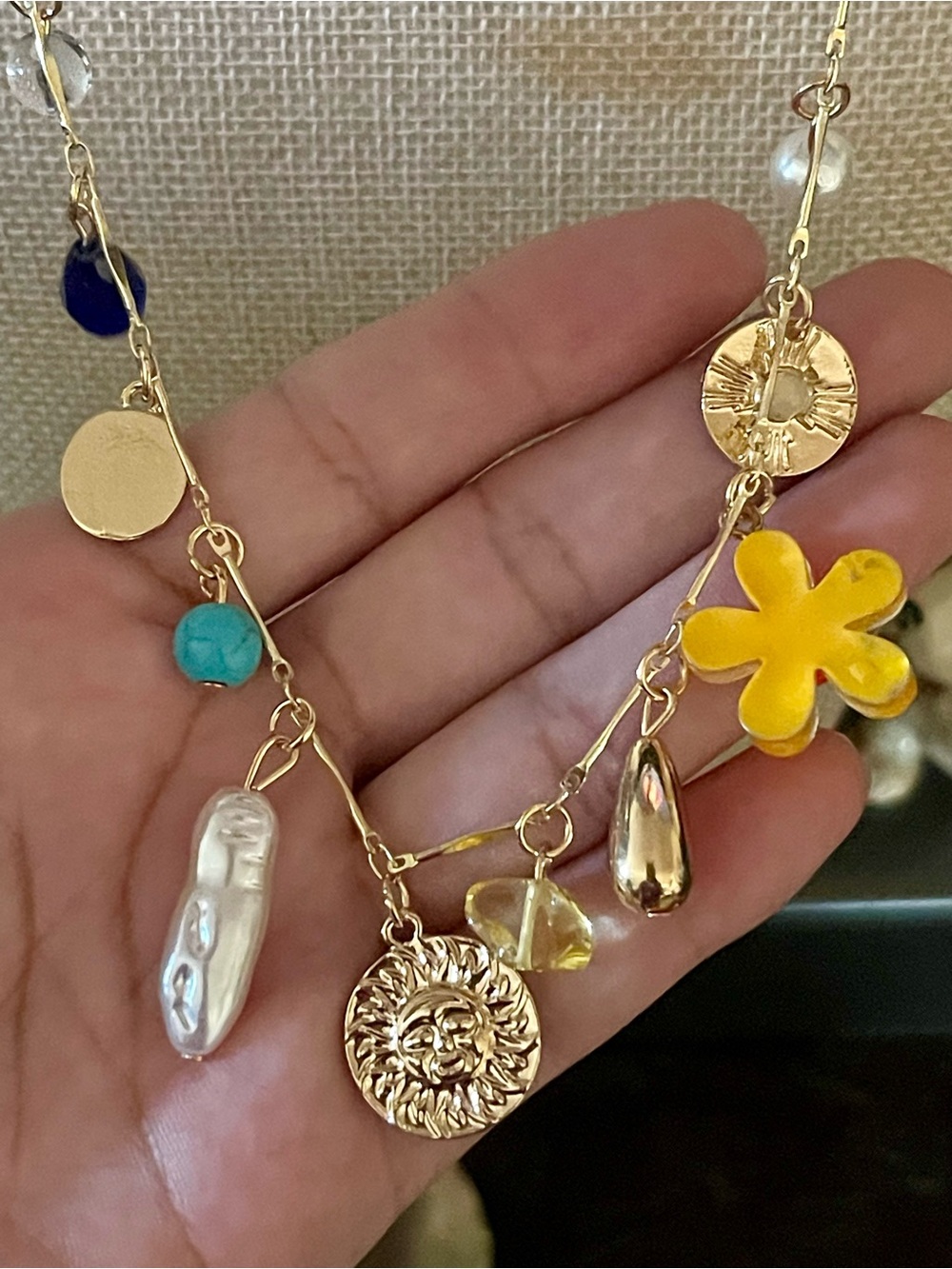 Gold-tone Sun Medallion & Other Fun Charms Necklace